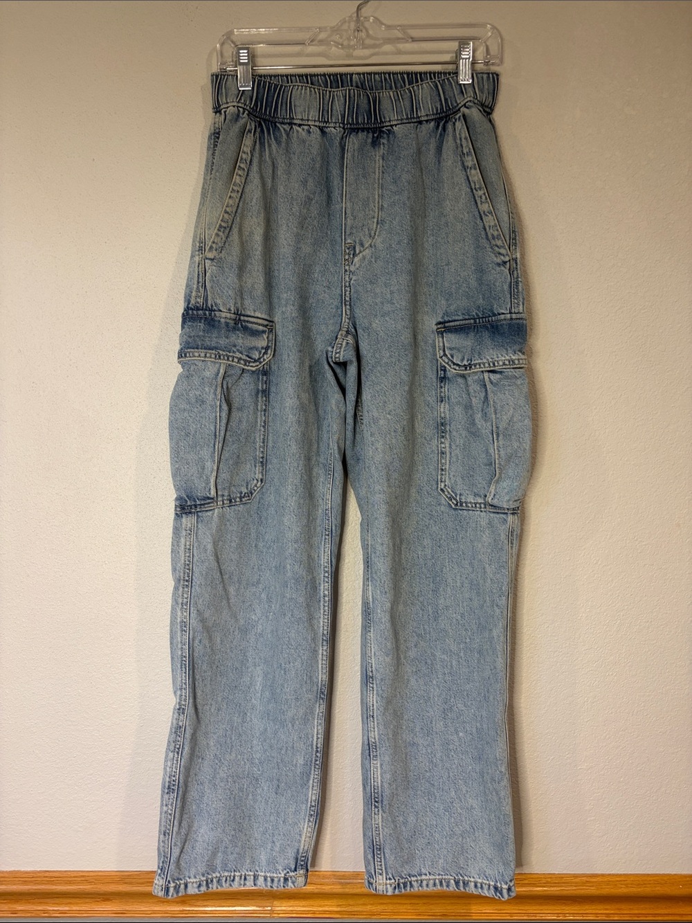 H&M cotton denim pull on cargo stonewashed jeans loose ample fit XS